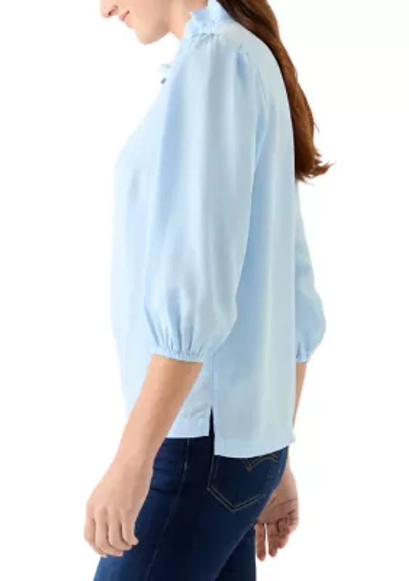 Women's 3/4 Sleeve Ruffle Neck Tencel Blouse