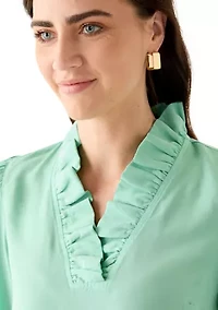 Women's 3/4 Sleeve Ruffle Neck Tencel Blouse