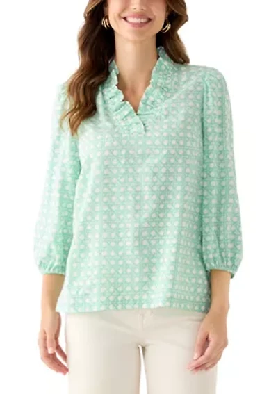 Women's 3/4 Sleeve Ruffle Neck Printed Top