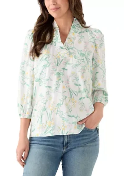 Women's Three-Quarter Sleeve Ruffle Neck Printed Top