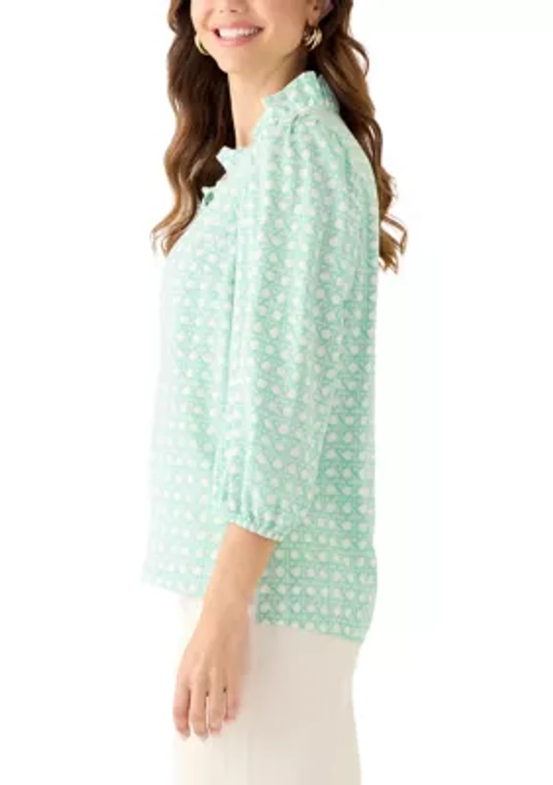 Women's 3/4 Sleeve Ruffle Neck Printed Top