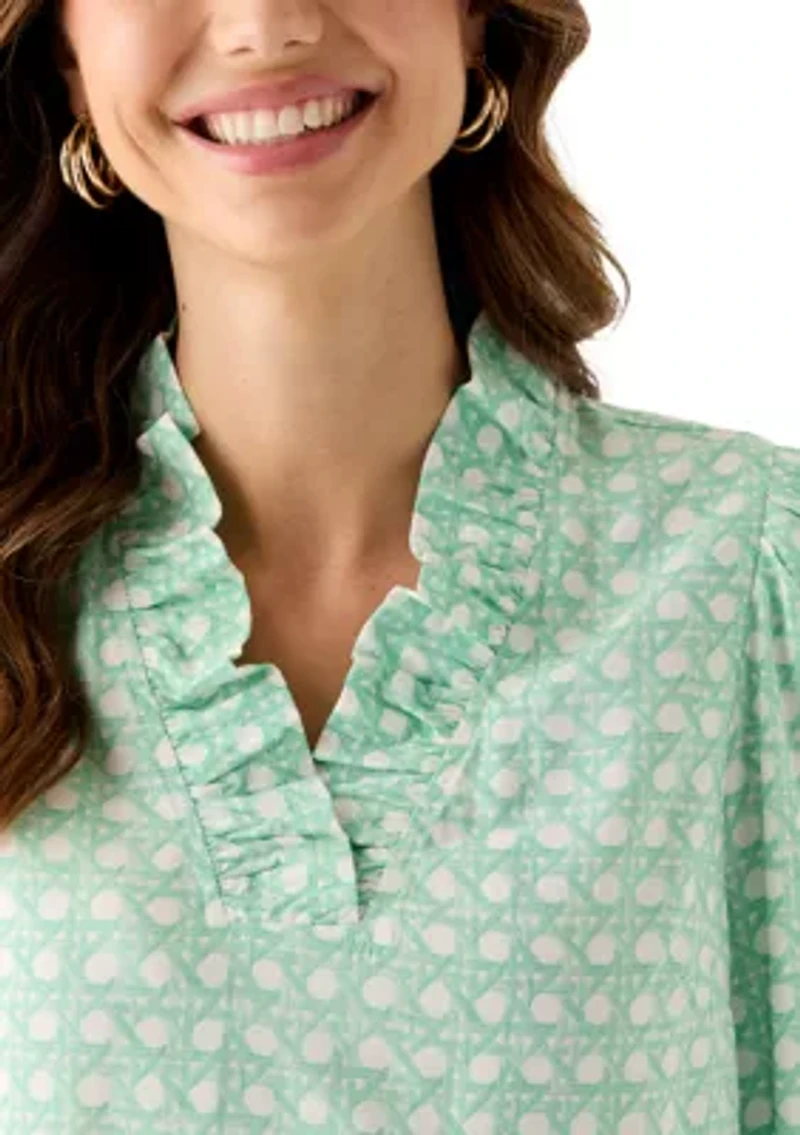 Women's 3/4 Sleeve Ruffle Neck Printed Top