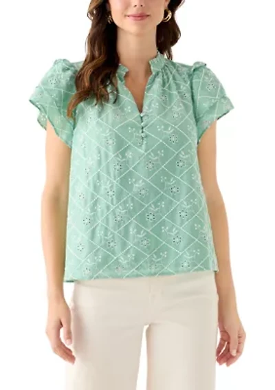 Women's Flutter Sleeve Embroidered Blouse