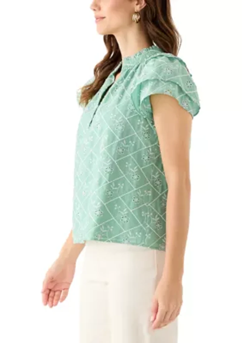 Women's Flutter Sleeve Embroidered Blouse