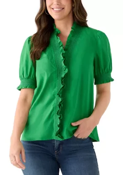 Women's Short Sleeve Smocked Ruffle Neck Top