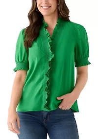 Women's Short Sleeve Smocked Ruffle Neck Top