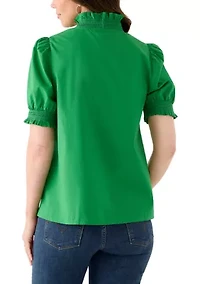 Women's Short Sleeve Smocked Ruffle Neck Top