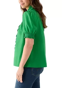 Women's Short Sleeve Smocked Ruffle Neck Top