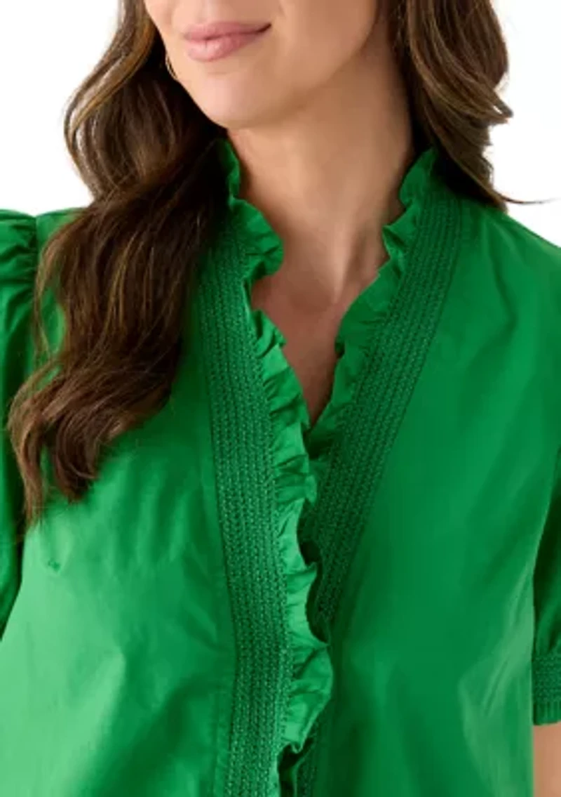 Women's Short Sleeve Smocked Ruffle Neck Top