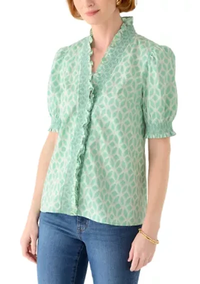 Women's Short Sleeve Smocked Ruffle Neck Top