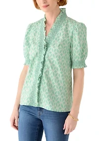 Women's Short Sleeve Smocked Ruffle Neck Top