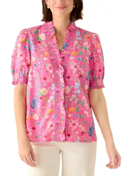 Women's Short Sleeve Smocked Ruffle Neck Top