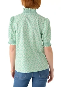 Women's Short Sleeve Smocked Ruffle Neck Top
