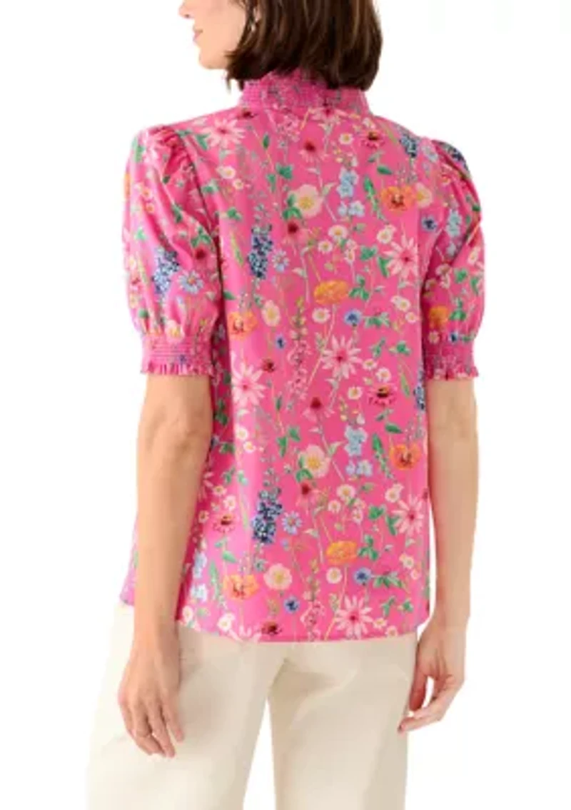 Women's Short Sleeve Smocked Ruffle Neck Top