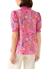 Women's Short Sleeve Smocked Ruffle Neck Top