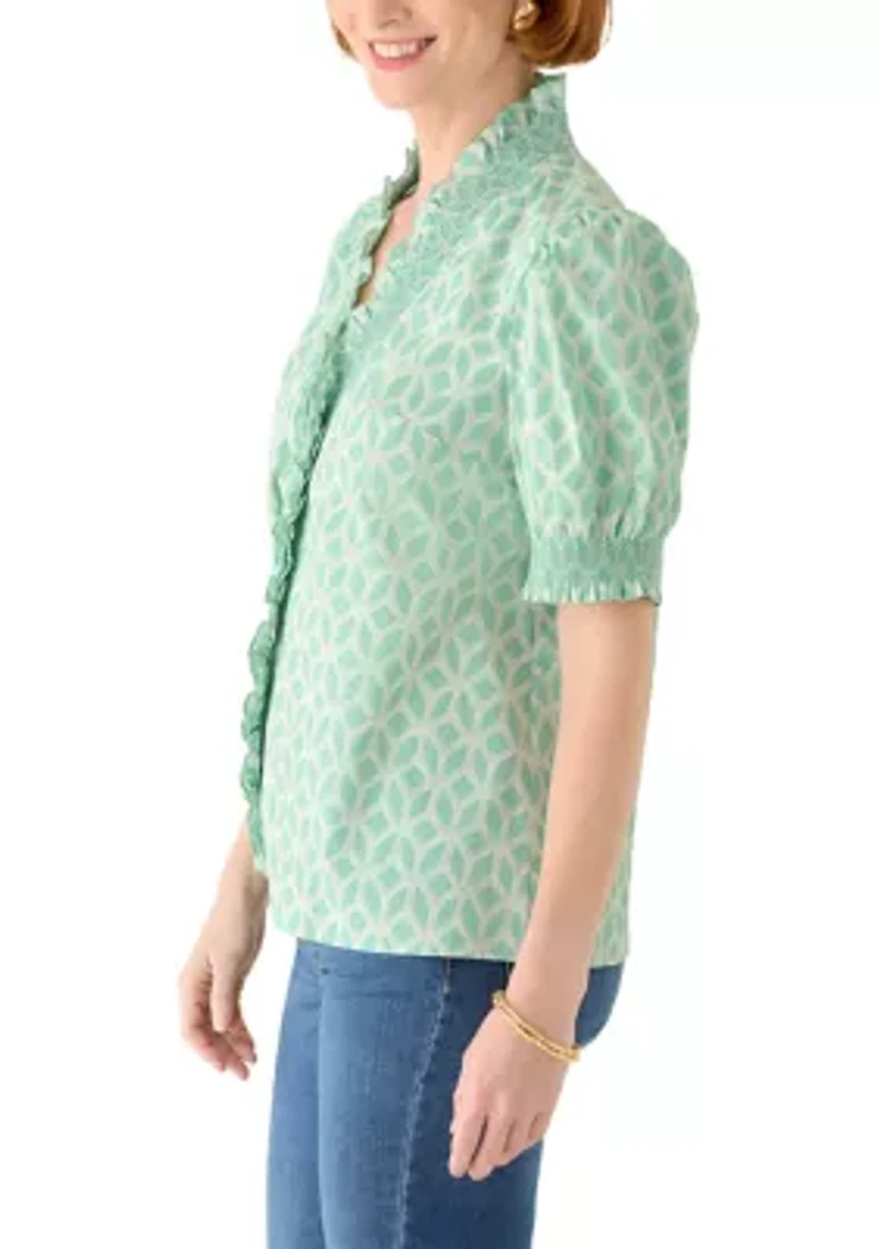 Women's Short Sleeve Smocked Ruffle Neck Top