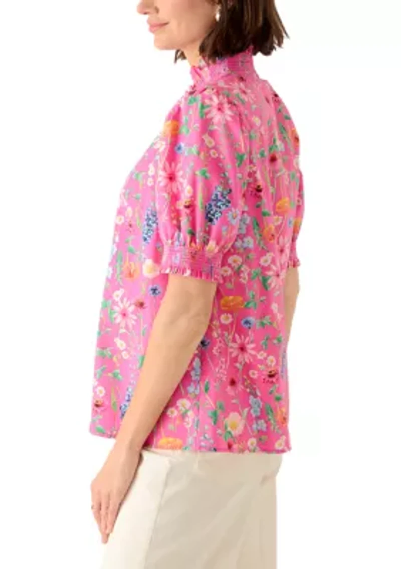 Women's Short Sleeve Smocked Ruffle Neck Top