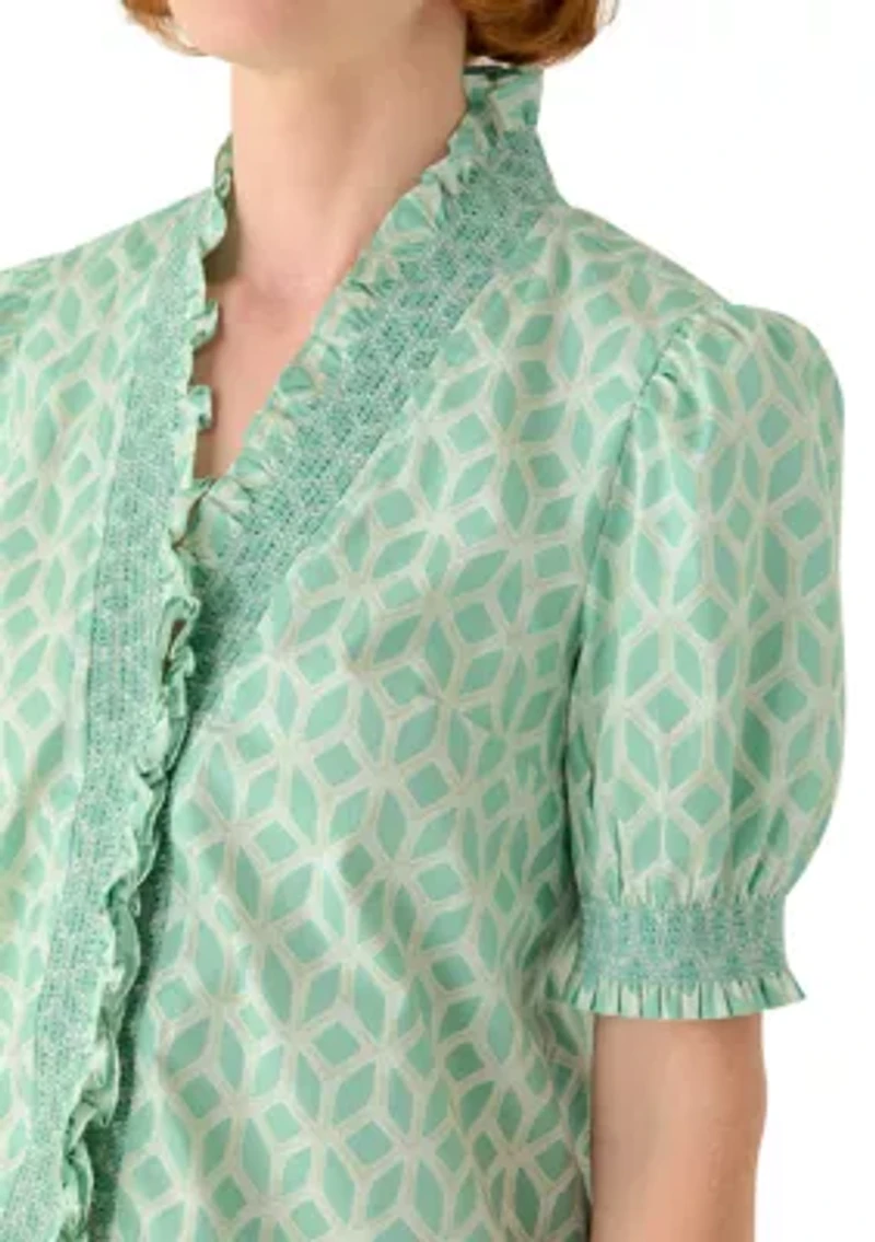 Women's Short Sleeve Smocked Ruffle Neck Top