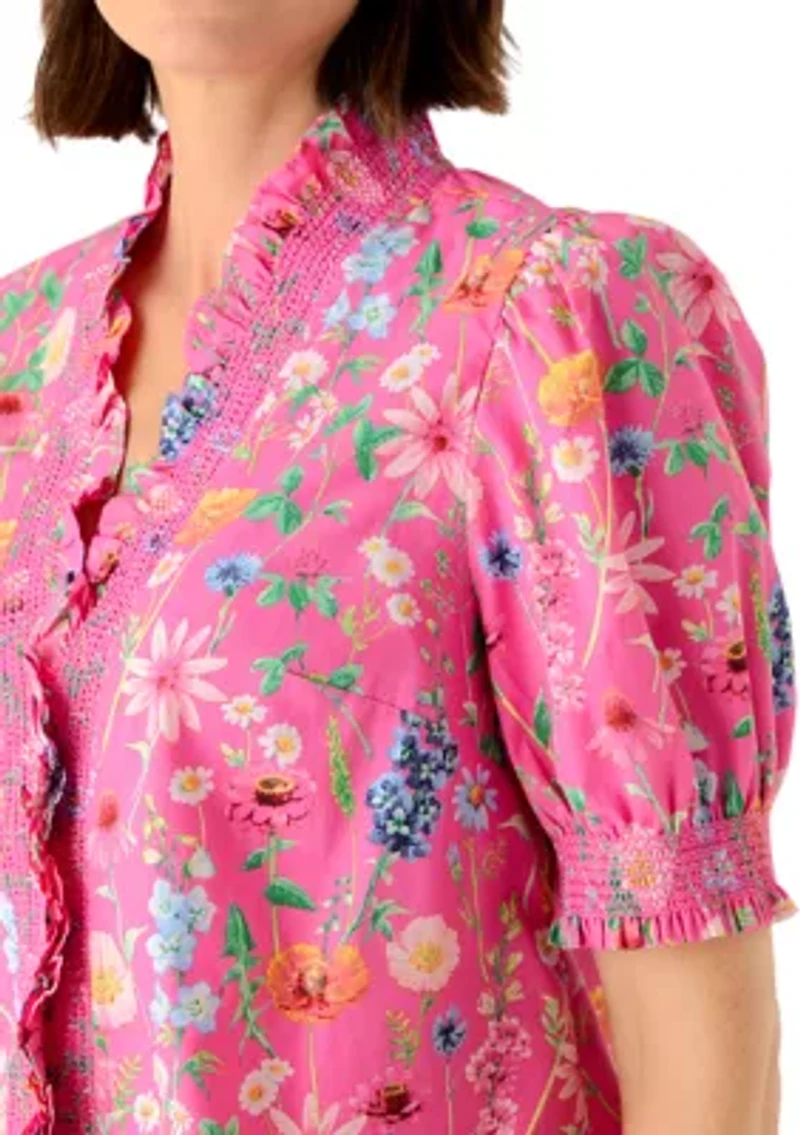 Women's Short Sleeve Smocked Ruffle Neck Top