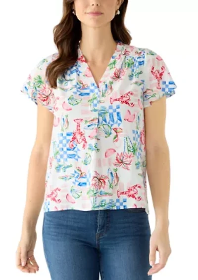 Women's Flutter Sleeve Ruffle Neck Top