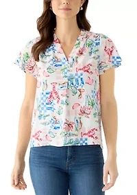 Women's Flutter Sleeve Ruffle Neck Top