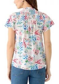 Women's Flutter Sleeve Ruffle Neck Top