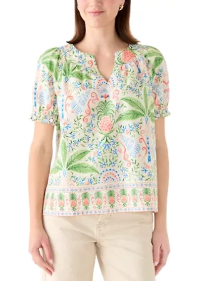 Women's Short Sleeve Print Peasant Shirt