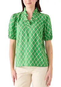 Women's Short Sleeve Print Ruffle Neck Top