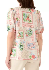 Women's Short Sleeve Print Ruffle Neck Top