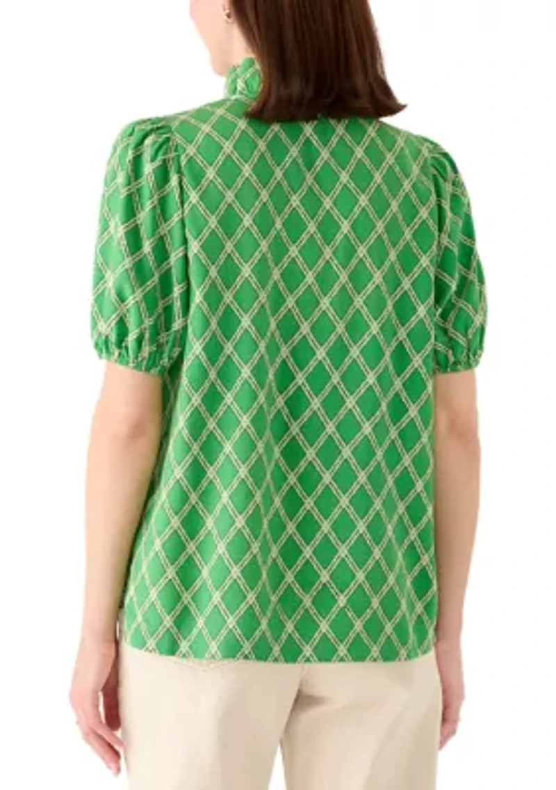 Women's Short Sleeve Print Ruffle Neck Top