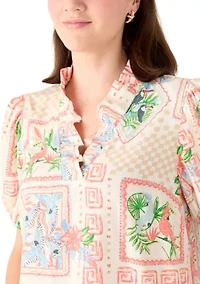 Women's Short Sleeve Print Ruffle Neck Top