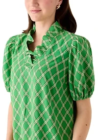 Women's Short Sleeve Print Ruffle Neck Top