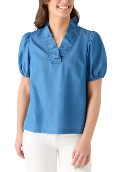 Women's Short Sleeve Chambray Ruffle Neck Top