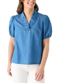 Women's Short Sleeve Chambray Ruffle Neck Top
