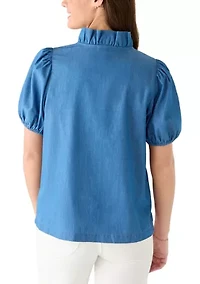Women's Short Sleeve Chambray Ruffle Neck Top