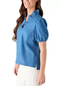 Women's Short Sleeve Chambray Ruffle Neck Top