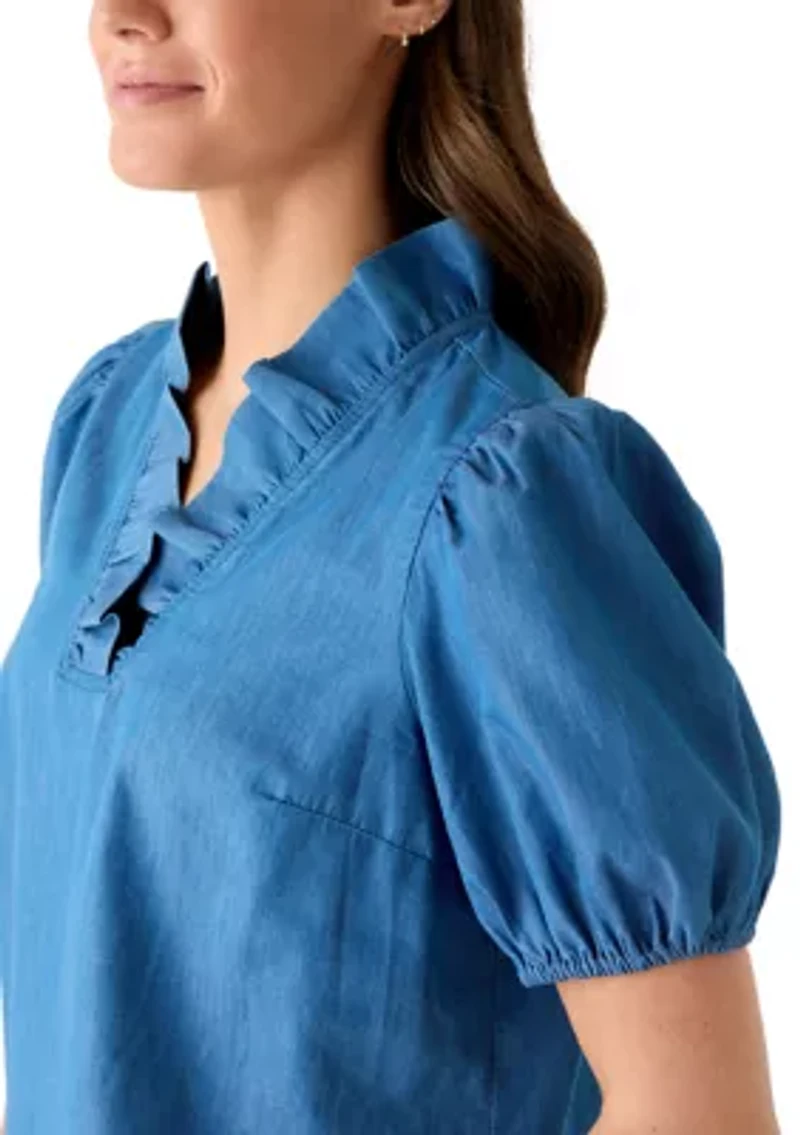 Women's Short Sleeve Chambray Ruffle Neck Top