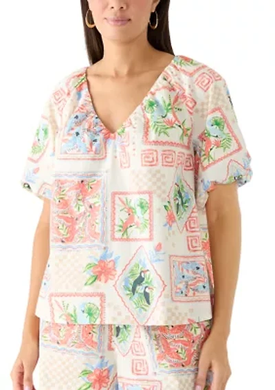 Women's Short Bubble Sleeve Printed Top