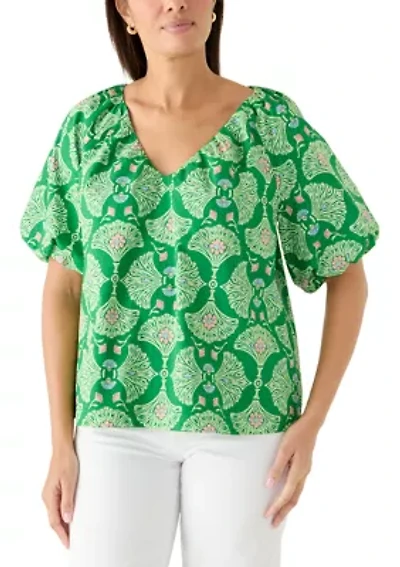 Women's Short Bubble Sleeve Printed Top