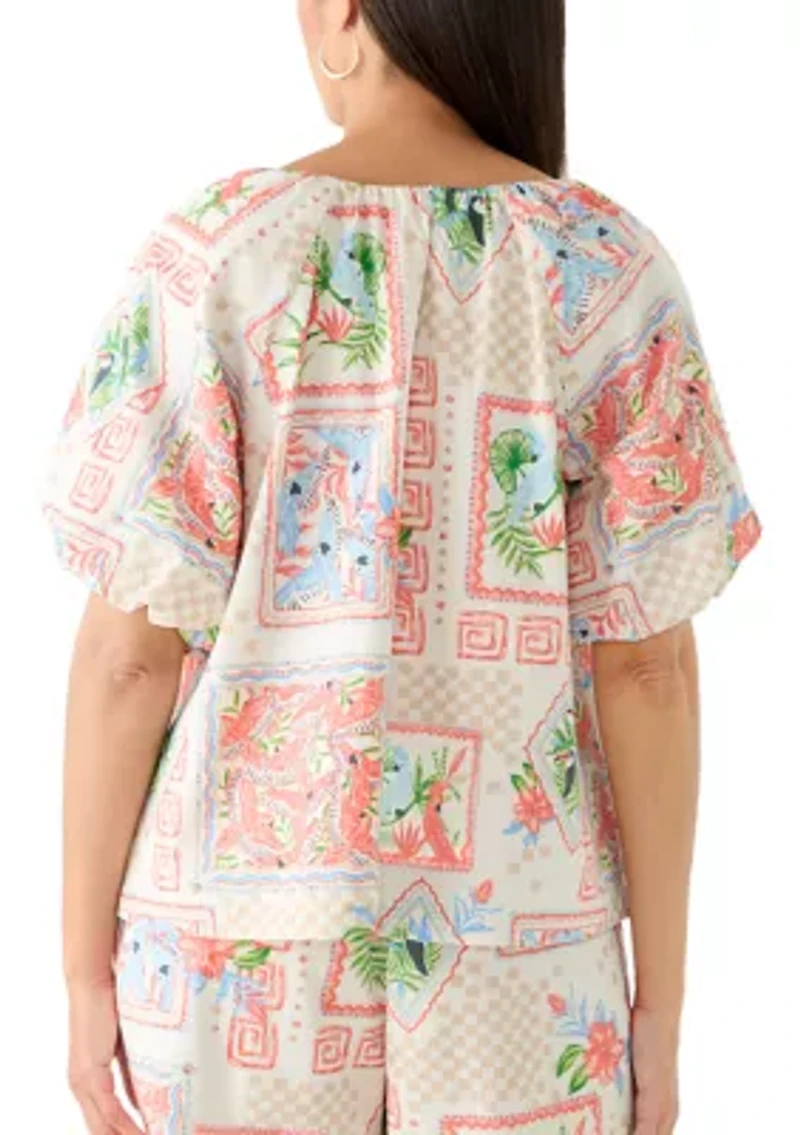 Women's Short Bubble Sleeve Printed Top
