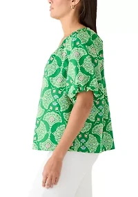 Women's Short Bubble Sleeve Printed Top