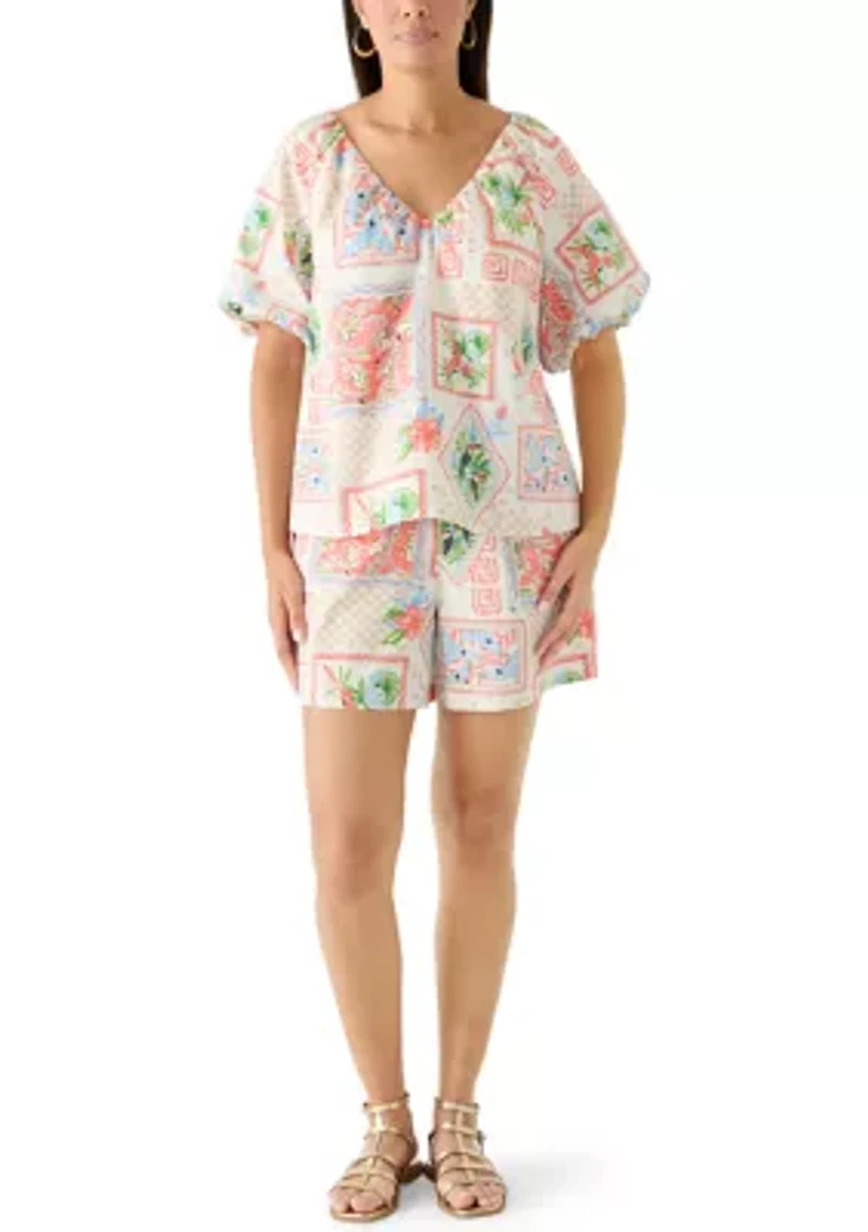 Women's Short Bubble Sleeve Printed Top