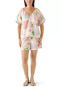 Women's Short Bubble Sleeve Printed Top