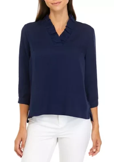 Petite 3/4 Ruffle Neck Top