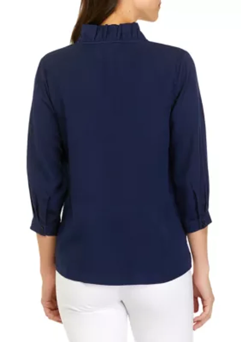 Petite 3/4 Ruffle Neck Top