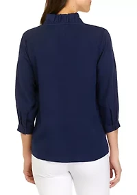 Petite 3/4 Ruffle Neck Top
