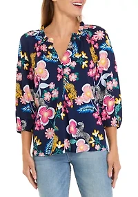 Petite 3/4 Sleeve Split Neck Peasant Top