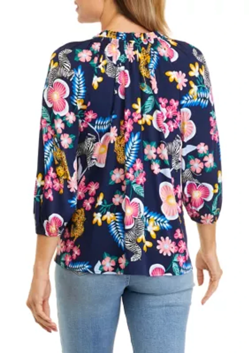 Petite 3/4 Sleeve Split Neck Peasant Top