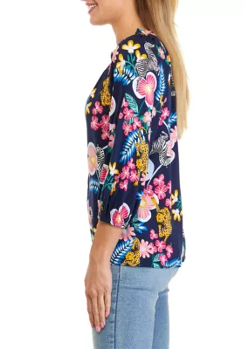 Petite 3/4 Sleeve Split Neck Peasant Top