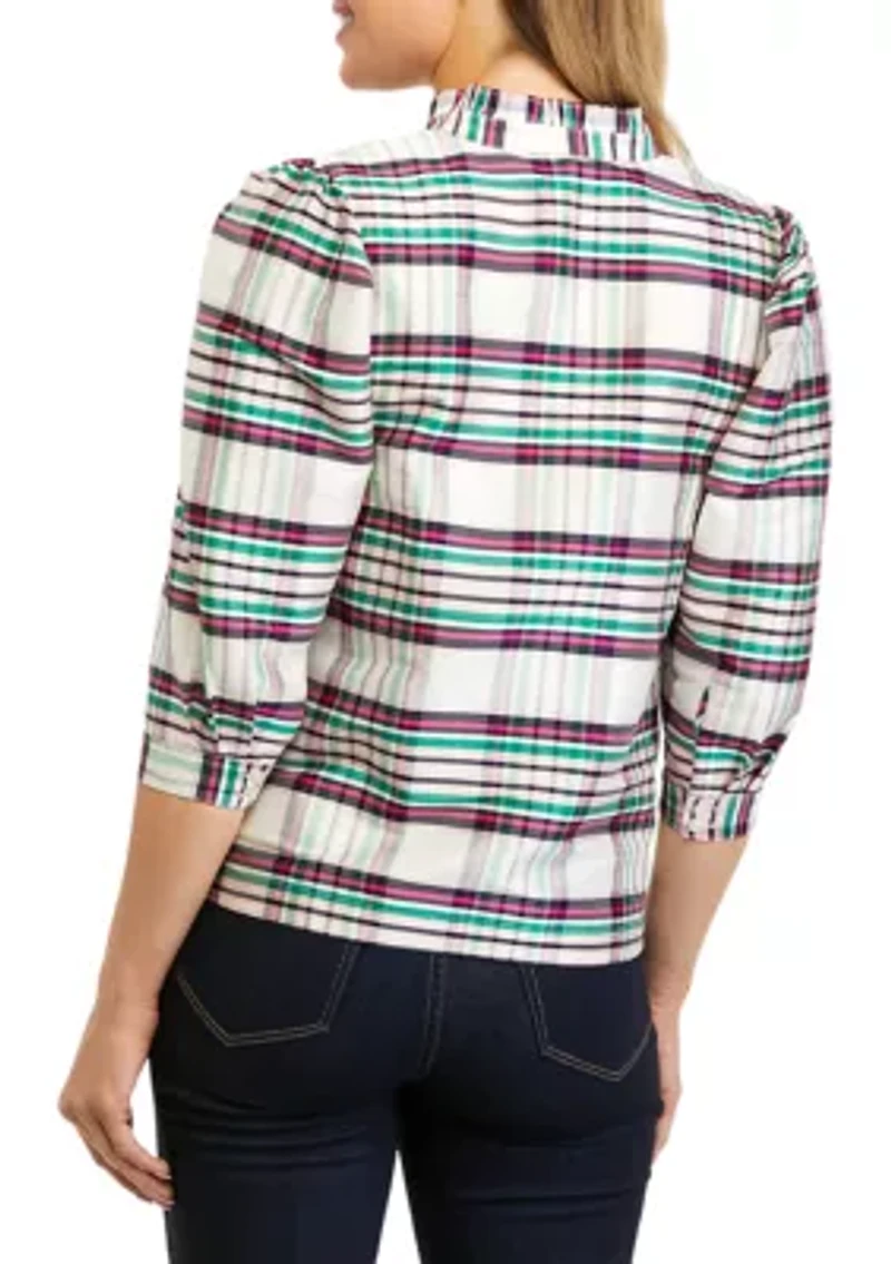 Petite 3/4 Sleeve Ruffle Neck Top